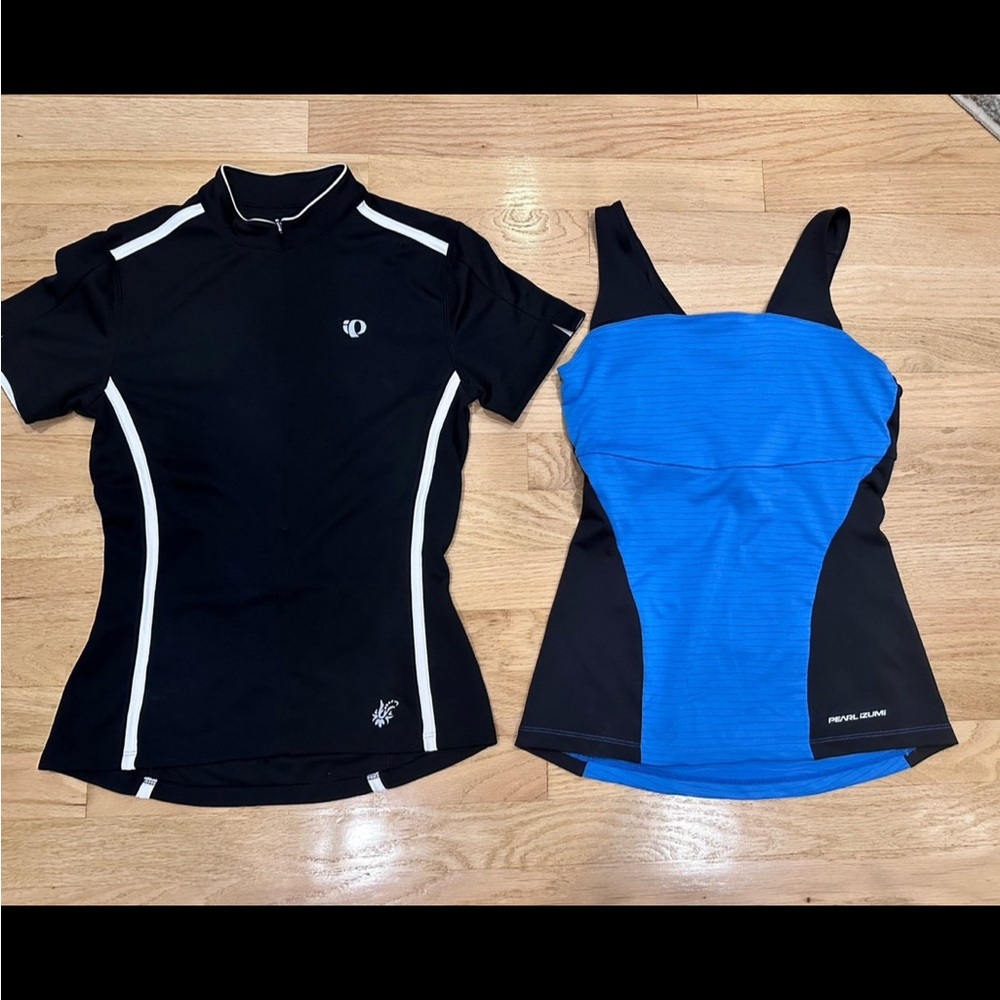Two Pearl Izumi Cycling Biking Black and Blue Athletic Tops Jerseys